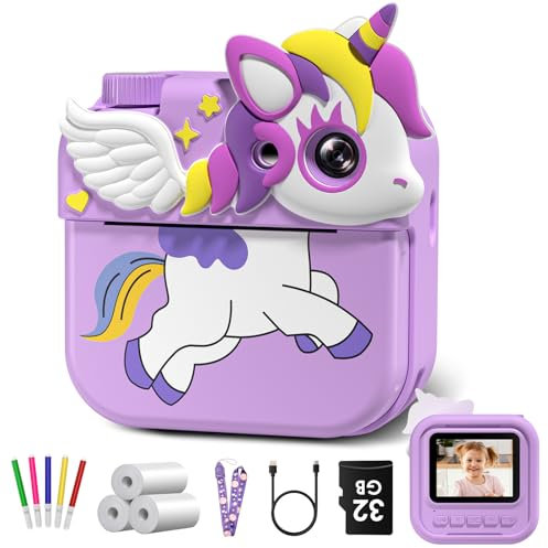 Macchina Fotografica Bambini Istantanea,Hangrui 12MP/1080P HD Fotocamera Bambini con Carta da Stampa e 32G,Fotocamera Digitale Stampa Istantanea, Regalo per Ragazze Ragazzi da 3-12 Anni -Viola Scuro