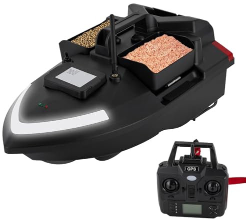 WOQLIBE GPS Futterboot, 500M Köderboot mit Fernsteuerung/Suchscheinwerfer/Ladegerät unb 12000mAh Lithium-Batterie - Tragfähigkeit 2 kg, Fischköder Boot für Angler (Schwarz)