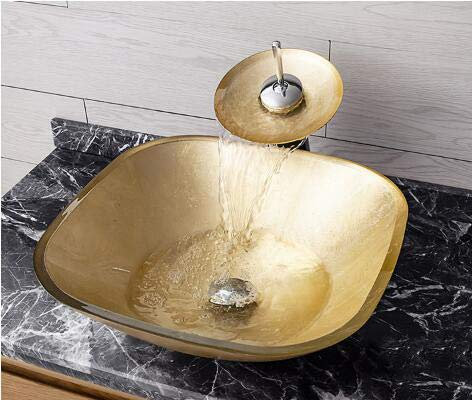 HDMOZUYT Badezimmer-Waschbecken, handgefertigt, künstlerisches Waschbecken aus gehärtetem Glas mit Wasserfall-Wasserhahn und Pop-Up-Ablaufgarnitur, B (B)