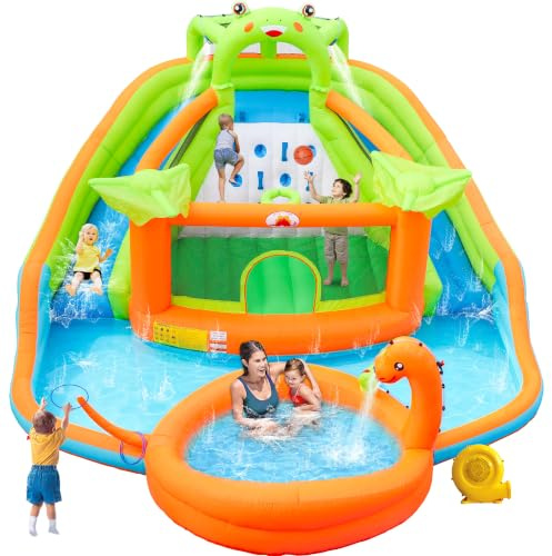 WELLFUNTIME Inflatable Water Double Slides Park with Blower, Bouncy Castle with Water Cannon, Dino Pool, Frog Castle, Climbing Wall, Basketball Hoop, Backyard Water Park for Kids