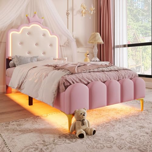 Merax Kinderbett 90x200 Polsterbett mit LED, Kronprinzessin-Bett, Polsterbett für Mädchen, kronenförmiges Prinzessinnenbett, Geknöpftes Kopfteil, PU, Rosa, Ohne Matratze