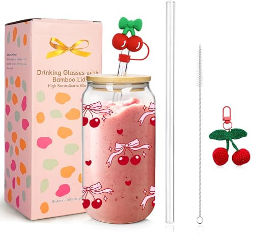 Mason Life Glasbecher mit Deckel und Strohhalmen, Rosa Kirsche Eiskaffeetasse, Vielseitiger Trinkbecher, 530ml Niedlicher Glasbecher Geschenk für Frauen Mädchen Freundinnen