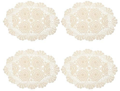 QUARKZMAN 4 Pezzi 18x12 Pollici Centrini All'uncinetto Fatti a Mano, Tovagliette da Tavola in Poliestere Cotone per Tavola da Pranzo Cucina Feste, Beige