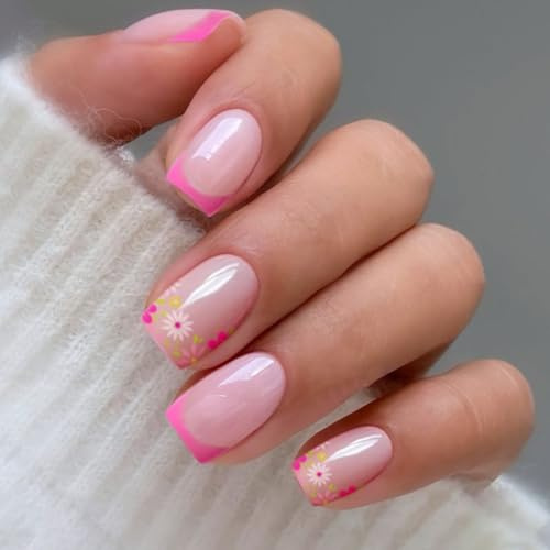 JMEOWIO Gel Nail Stickers Pink Flower French Tip Semi Cured Gel Nail Strips Wraps UV/LED Nails Art Design Decoration Accessories