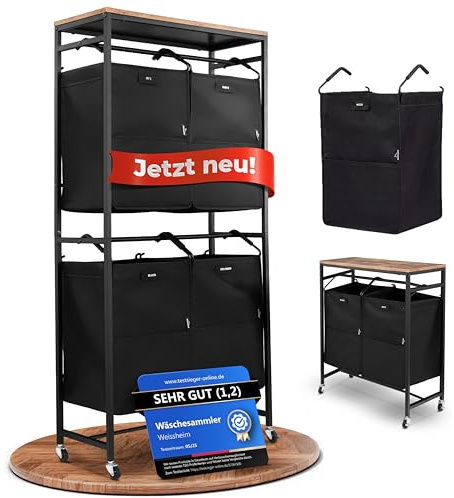 WEISSHEIM® Wäschesammler Organizer mit abnehmbaren Taschen 200L Volumen [mehr Ordnung] Wäschekorb 2 Fächer, Wäschekorb 4 Fächer, Wäscheschrank | Wäschesortierer jetzt auswählen (Schwarz, 4 Taschen)