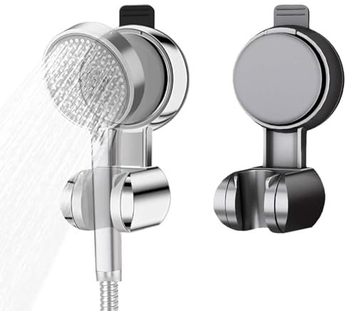 2PCS Supporto Soffione Doccia Regolabile TREABEAR, Supporto Doccia Ventosa, Rimovibile Supporto per Soffione Nero e Argento, Supporto Soffione Senza Necessità di Trapano per Pareti Lisce Del Bagno