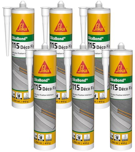 SIKA - Colle d'agencement - SikaBond 115 Déco Fix, Blanc - Colle à maintien immédiat - Intérieur et extérieur abrité - Multi-supports - Remplace clous et vis - 290ml (Lot de 6)
