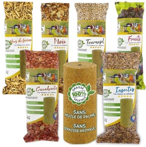 6 cylindres de Graisse 100% Végétale-Blocs 6 Saveurs variées-Alimentation Complète pour Oiseaux Toutes Saisons- 850gr = 5.1kg-Nourriture complète pour Oiseaux du Ciel-Haute Valeur nutritionelle