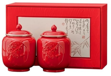 VEXDOSLE Tea Caddy Ceramic Bulk Tea Storage Container Jar Large Capacity Sealed Jar Retro Embossed Teaware Double Jar Gift Box Set Tea Can(A)