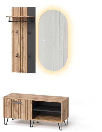Vicco Garderobe Amber, Eiche Wotan, 43 x 110 cm | 3 Teile, mit LED-Spiegel und Ablagefläche zur Wandmontage