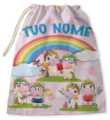 csm informatica Set per Asilo personalizzato con nome (Sacchetto - Sacca porta bavaglini tovagliette scuola materna Elementare Nido - fantasia Unicorno Arcobaleno Rosa)