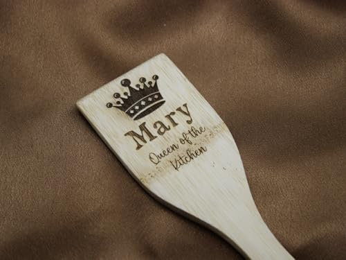 Handmade Wooden Engraved Personalised Spatula Spoon - Queen of The Kitchen with Coronet