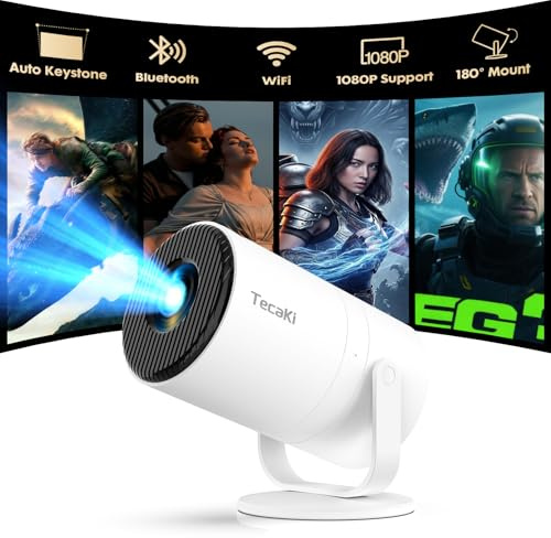 Tecaki Mini Projector with WiFi 6 and Bluetooth 5.2, Portable Projector Support 1080P Full HD 180° Rotatable with Auto Keystone for Home Bedroom Compatible with HDMI/TV Stick/Memory Stick/Laptop/PS5