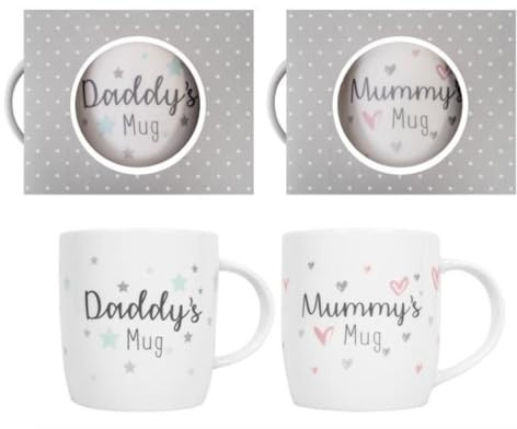 eMKay® Set of 2 – Mummy & Daddy Mugs (350ml) | New Parents Gift Set | Bone China Coffee Tea Mugs for Mum & Dad | Baby Shower, Newborn, Christening Gift | White with Pink & Blue Detail
