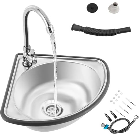 Stainless Steel Single Bowl Sink Wall-Mounted Triangle Wash Basin Kitchen Sink with Faucet and Drain Kit for Kitchen, Bar, Restaurant