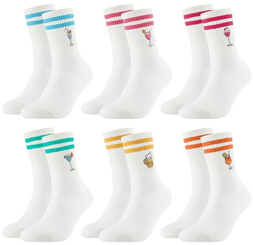 Partideal 6 Paare Tennissocken Socken Damen 39-42, Bestickte Motiv Socks | Baumwolle Crew Sportsocken mit Streifen Weiße Socken Geschenk für Damen Frauen Tennis Lauf Arbeit Sport