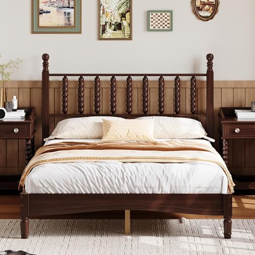 KT Rolster Walnut Wood Bed Frame Full Size with Spindle Headboard, Full Platform Bed with Wooden Slat Support, Retro Style Spindle Beds for Boys Girls Kids Adults Toddler, Easy Assembly