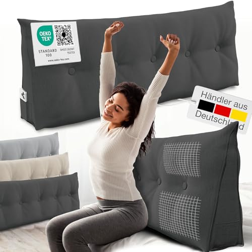 ELONEO Rückenkissen 140 cm breit, Keilkissen für Bett und Sofa geeignet, dreieckiges Lesekissen, Kissen mit abnehmbarem und waschbarem Bezug, mit praktischem Seitenfach