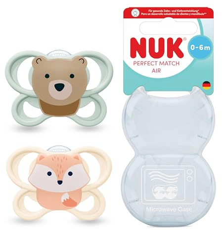 NUK Perfect Match Air Baby Schnuller | 0-6 Monate | Orthodontische Schnuller, die Luftzirkulation fördern & Speichel-Ausschlag verhindern | 95% Baby-Akzeptanz** | Fuchs/Bär | 2 Stück