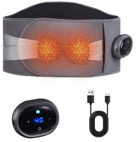 BIZOI Electric Heated Massage Belt, Cordless Heating Pad with Massager for Back Pain Relief and Period Cramps, Portable Heated Back Wrap with 3 Levels Adjustable, 2000mAh Battery and Vibration Massage