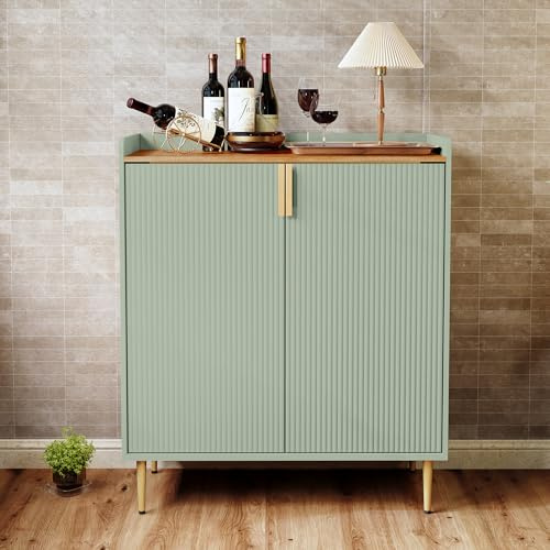 HOLTICO Armario de vino con estantes para 9 botellas, armario de bar moderno armario para café, alcohol, botellero de madera, aparador buffet para cocina, comedor, salón (verde salvia)