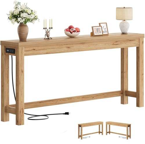 Cyclysio 63 Console Tables for Entryway, Long Console Tables for Living Room, Behind Couch Table, Sturdy Wood Support Farmhouse Entryway Table with 3AC+2USB Charging‌ Station, Natural Oak