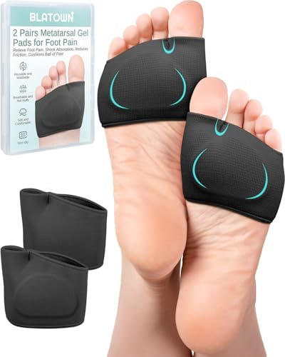 BLATOWN 2 Pairs Metatarsal Foot Pads, Ball of Foot Cushions for Women Men Feet Pain Relief, Sesamoiditis, Metatarsalgia, Mortons Neuroma-Fabric Sleeves with Gel Inserts (Black, Medium)