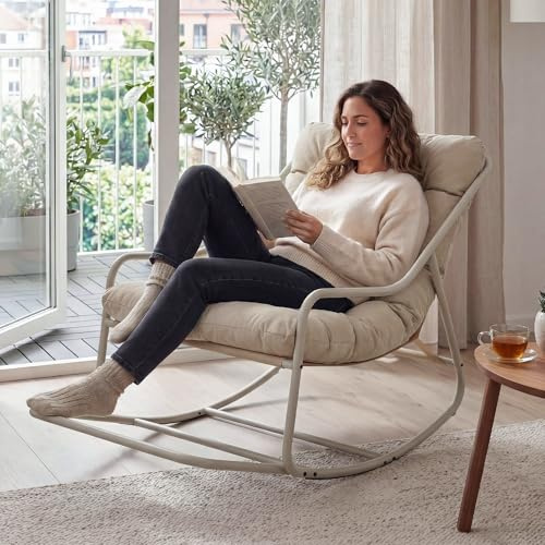 Villeston Übergroßer Schaukelstuhl, Max. 160 KG, Beige | Gemütlicher Papasan-Stuhl mit Dick Gepolstertem Rahmen, für Innen- und Außenbereich – Robuster Stahlrahmen