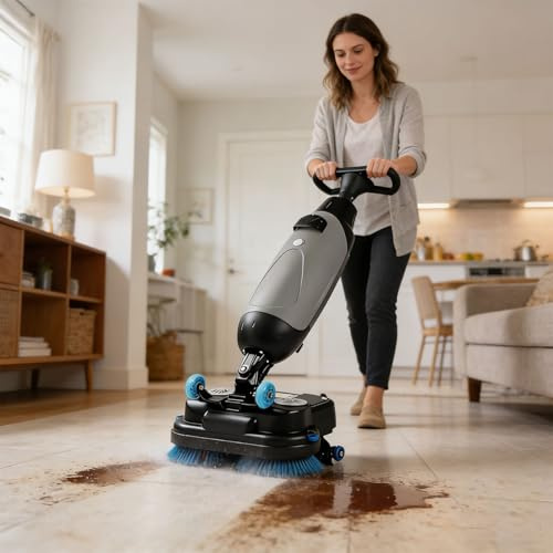 WEIMILOR Compact Walk Behind Commercial Floor Scrubber Dryer,Dual Brushes with Dual Pads & Drivers,Small Floor Scrubber,Cordless Rechargeable Lithium Battery,360°Steering for Workshops Gray
