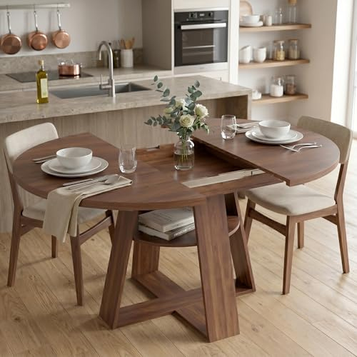 HIYYIH Table De Salle À Manger Extensible Ovale En Bois Avec Espace De Rangement, Tables De Salle À Manger Modernes Simples Rondes, Longueur 100/140 X Largeur 100 X Hauteur 75 Cm, Couleur Noyer