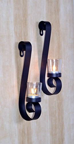 Unbekannt Metall Wandkerzenhalter 2-er Set Schwarz mit Teelichthalter aus Glas für Dekoration