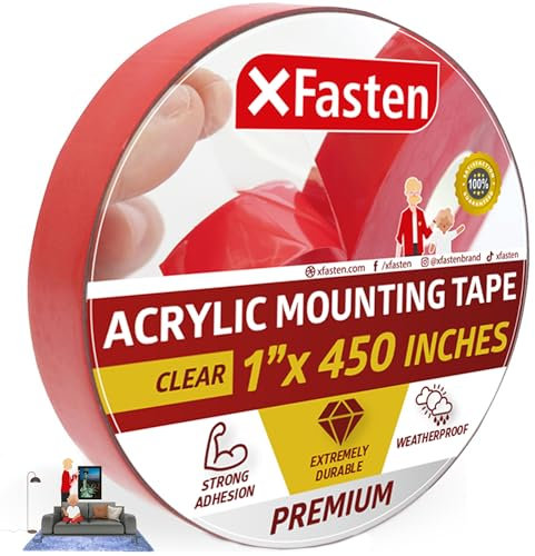 XFasten Nastro biadesivo per montaggio acrilico rimovibile, trasparente, 1 pollice x 450 pollici, adesivo resistente alle intemperie per mattoni, pareti - Applicazioni interne ed esterne