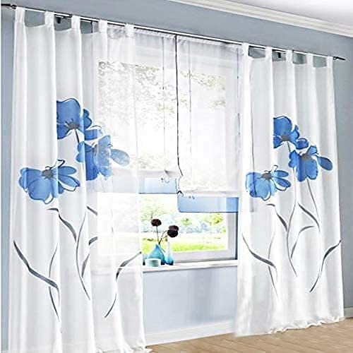 SIMPVALE 2 stücks Gardinenschal Gardine Print Blumen Vorhang für Wohnzimmer Schlafzimmer Schlaufenschal, Breite 150cm / Höhe 245cm, Blau