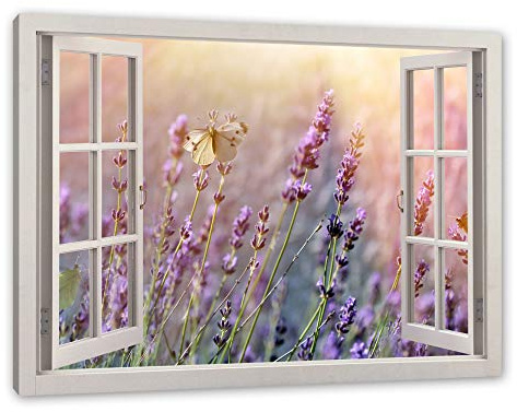 Pixxprint Schmetterlinge auf Lavendelblumen, Fenster, Größe: 100x70cm, Leinwandbild, fertig gespannt, Wandbild, Dekoration, Kunstdruck, kein Poster