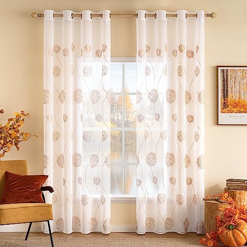 MIULEE Cortinas Salon Modernas con Bordado con Hortensia Naranja 140x245 cm | Cortinas Dormitorio Modernas Translucidas 2 Piezas con Ojales, Decorativas Visillos para Ventanas Habitacion