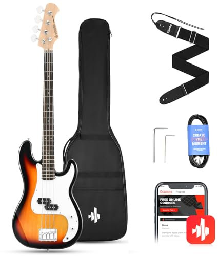 Donner E-Bass Gitarre Anfänger Set, 4 Saiten P-Stil Bass Gitarren in voller Größe Elektrobass mit Gitarrentasche, Gitarrengurt und Gitarrenkabel (Sunburst)