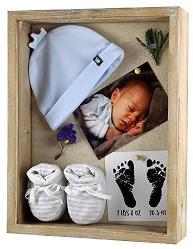 Spiretro Caja de Sombras de 28 x 35,5 cm, Caja de Marco de Fotos con Fondo de Lino, Recuerdos, medallas, Fotos, Memoria, Vidrio Resistente a roturas, Madera_Gris rústico