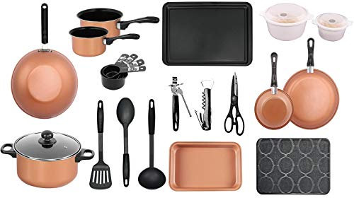 Gr8 Home 21 Piece Copper Student Kitchen Starter Kit Saucepan Utensil Pans Pots Cookware Bakeware Set