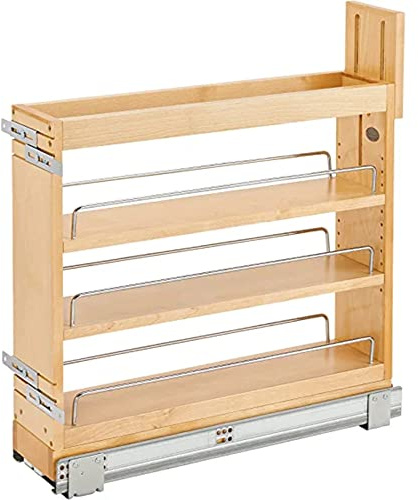 Rev-A-Shelf 5 Pullout Storage Organizer for Base Kitchen/Bathroom Cabinets, Spice Rack/Pantry Shelves with Soft-Close Slides, Wood, 448-BDDSC-5C