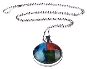 Adi-Modeschmuck Kette 'Inga', 70cm lange Kugelkette mit einem zweiseitigen 25mm Anhänger mit farbigen Motiven unter Glas Cabochons, handgearbeitet in Berlin (Rost, Türkis, Grün)