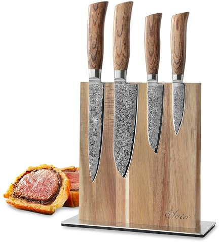 Wakoli EDIB Pro Küchenmesser Set, 4 Damastmesser & magnetischer Messerblock | 2 Santokumesser, Fleisch- & Officemesser; 67 Lagen Damaststahl mit VG10-Kern, Pakkaholzgriffe, Akazienblock mit Edelstahlfuß.