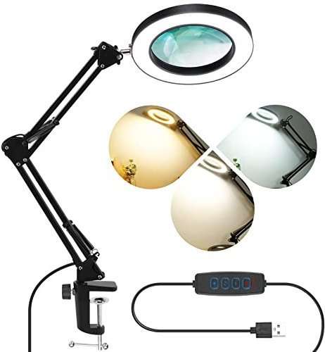 LabTEC Lampada con lente d'ingrandimento, 5X Lente di ingrandimento con luce, dimmerabile, 3 modalità di colore, 12W 1200LM, 10 livelli di luminosità, lampada d'ingrandimento per leggere, riparare