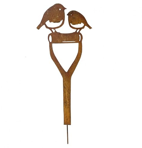 Core-Ten Rusty Metal Robins on a Spade Stake Garden Ornament 64cm Tall 20cm Wide