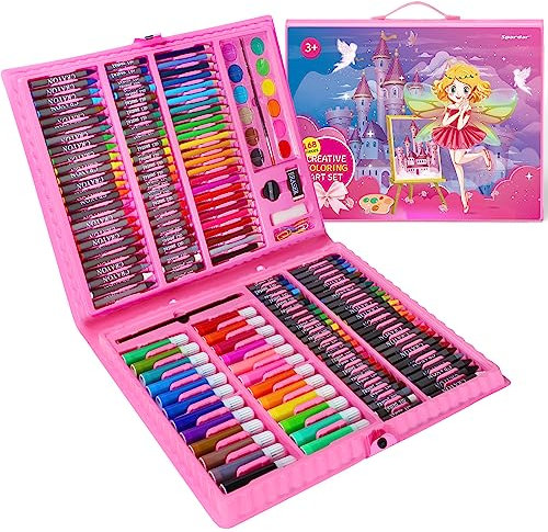 Spardar Pinturas para Niños, 168 Piezas Kit de Dibujo con Pasteles al óleo, Crayones, Marcadores, Pastel de Acuarela, etc., Regalo para Niños Principiantes Artistas, SBD168