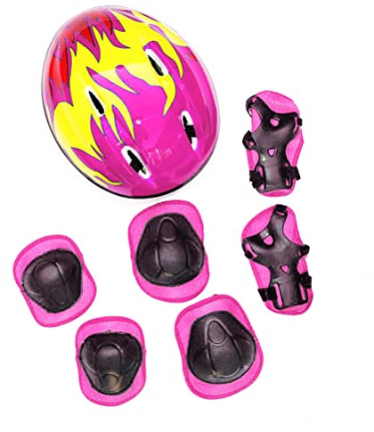 Skateboard Skyddsutrustning, Skyddsutrustning för Barn för Rullskridskor, 7 St/set Skyddsutrustning för Barn med Justerbar Hjälm Knäskydd Armbågsskydd Handledsskydd för (Rosa)