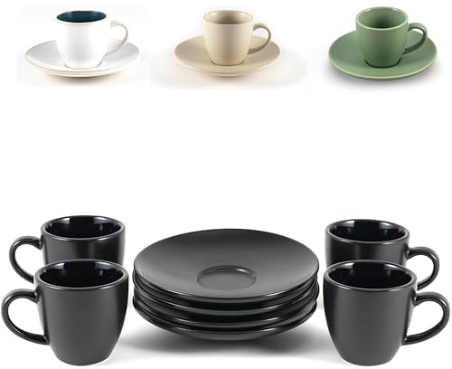 Hanseküche Lot de 4 tasses à expresso noires en grès [4 x 75 ml] – Lot de 4 tasses à expresso de qualité supérieure, faites à la main et à paroi épaisse, tasses à expresso en faïence, soucoupes à