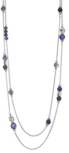 Bulinlin Damen Lange Perlen Kette Statement Halskette mit Silber Anhänger Modeschmuck Kette Geschenk für Frauen(27-Blue)