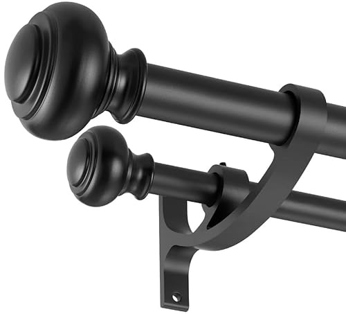 Matte Black Double Curtain Rods 28 to 48 Inch, Decorative Window Treatment Rods with Urn Finials, 1-Inch Front and 5/8 Inch Back Telescoping Rods