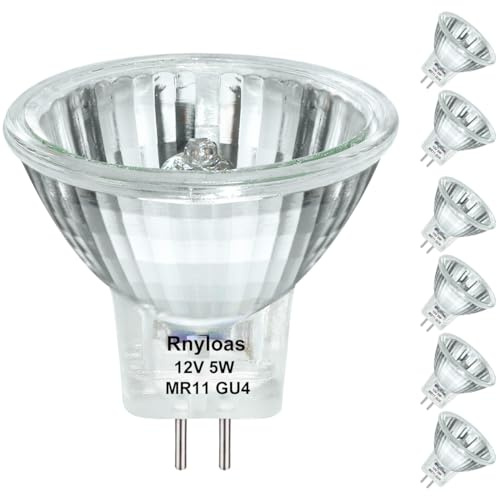 Rnyloas GU4 Halogen 5W, 6 Pack GU4 Base MR11 12V 5W, Long Lasting GU 4 MR 11 Dimmable with Glass Cover, MR 11 Warm White 2800K Fiber Optic Light Bulb, MR 11 Bulb with GZ4 Bi Pin Base