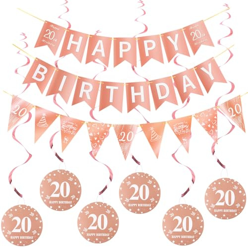 Happy 20th Birthday Banner +Dreiecksflaggen Happy Birthday Girlanden+ 20 Geburtstag Hängedeko Spiralen Set, Rosegold 20.Geburtstag deko für Mädchen,20. Mädchen Hängedeko Deckenhänger